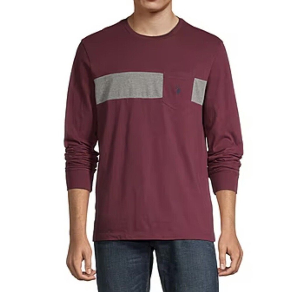 NWT U.S. Polo Assn. Men's XL Long Sleeve Chest Stripe Pocket T-Shirt Maroon Grey